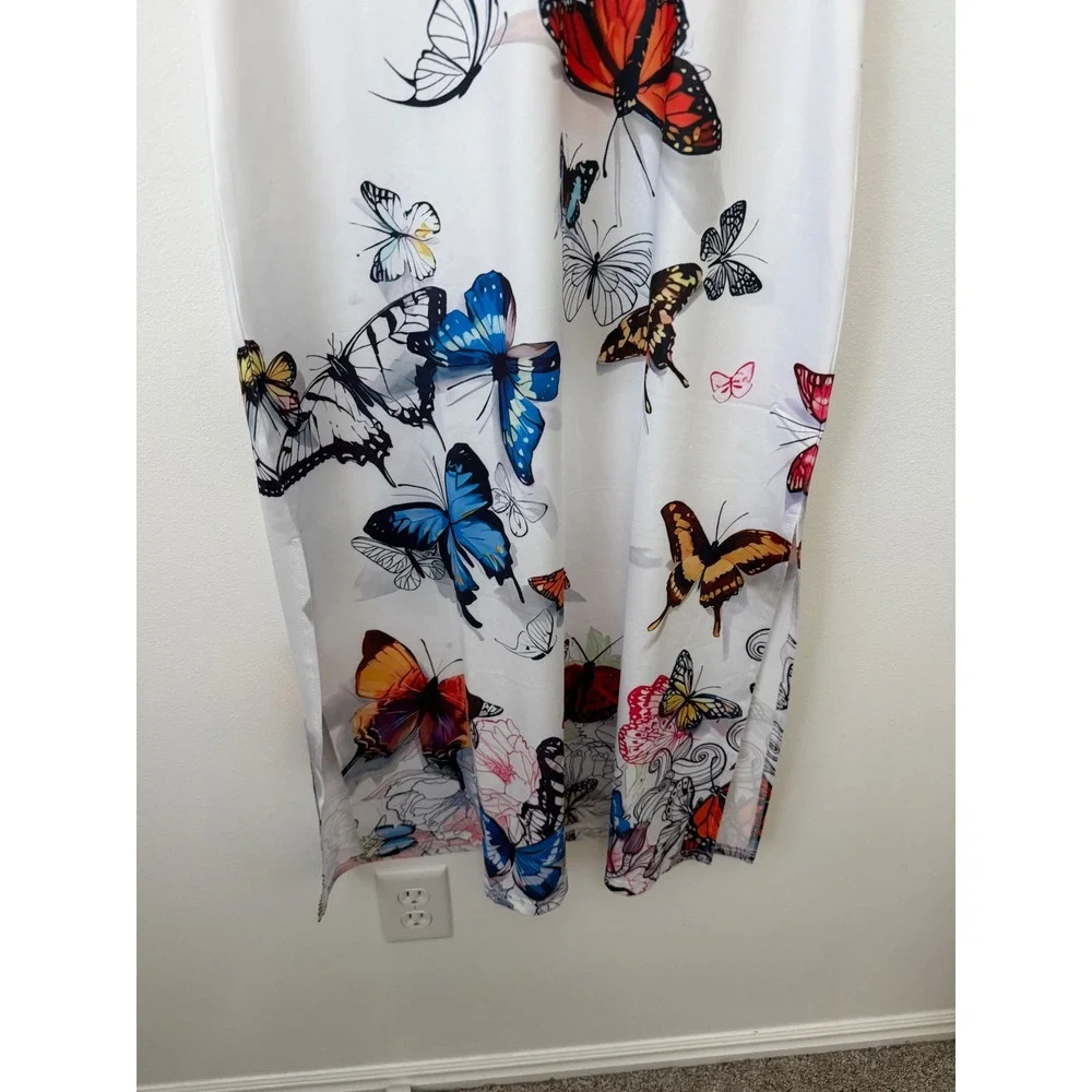 Women's White Dress with Butterfly Print & Side Slits – Size Small – NWOT - Picture 4 of 6